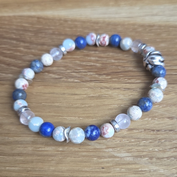 Aqua Terra Jasper & Lapis Lazuli Stretch Beads Bracelet, Hand Crafted - Picture 7 of 8